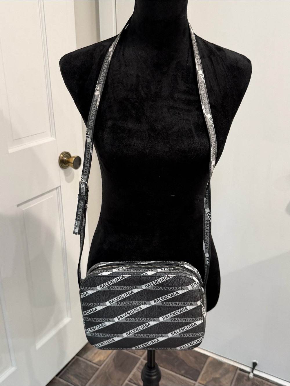 Balenciaga Black & White Logo Crossbody Camera Bag